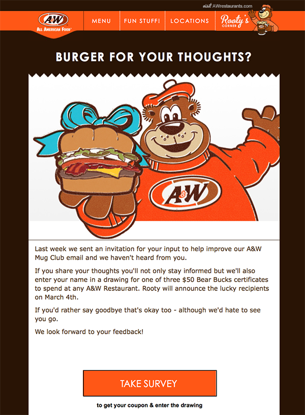 A&W Re-engagement campaign email